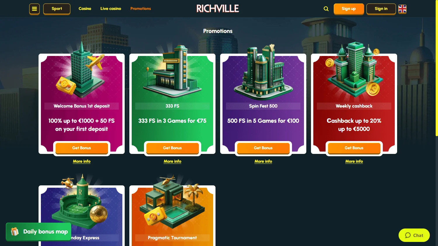 Richville Casino desktop promotions area with deposit offers