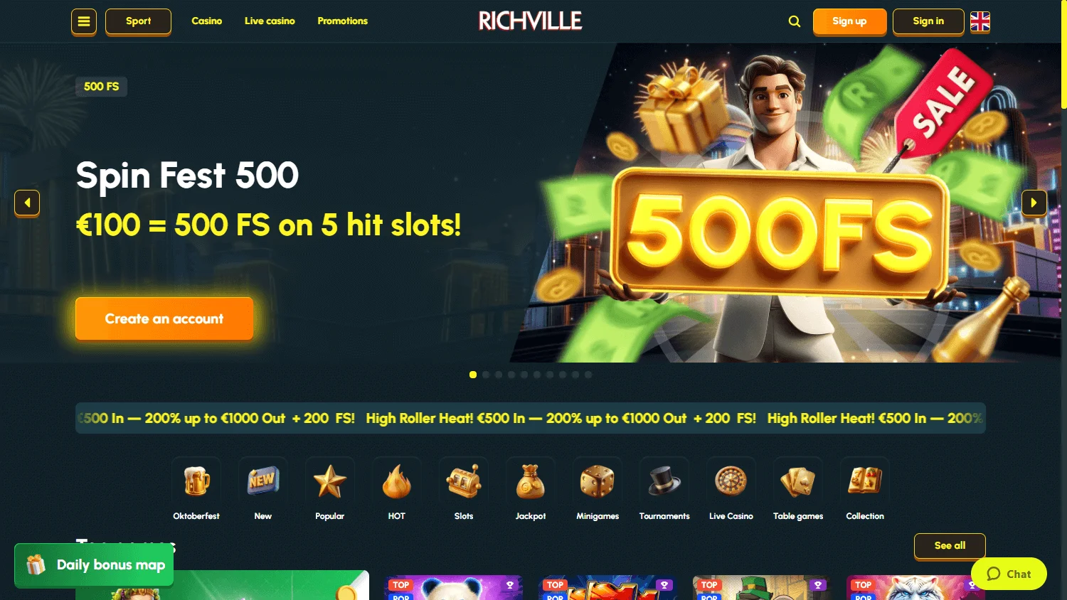 Richville Casino desktop home screen with casino and sportsbook access