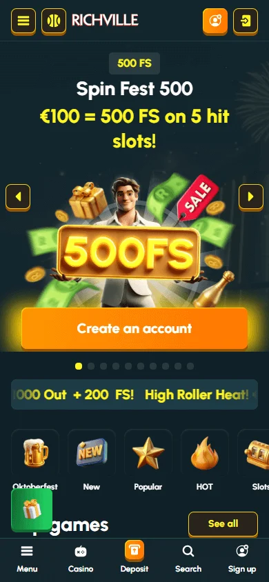 Richville Casino mobile website home screen