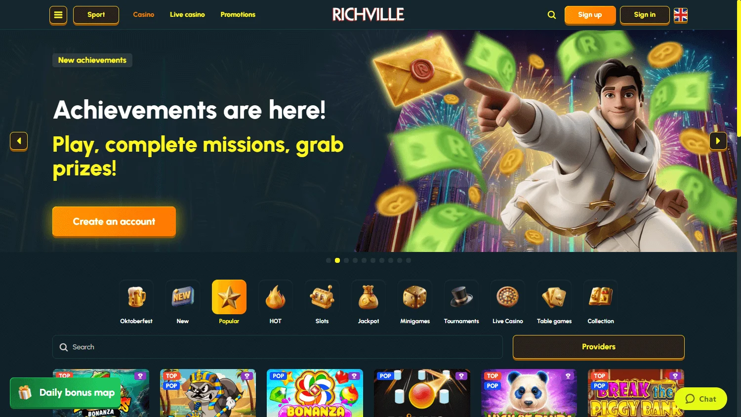 Richville Casino desktop games catalogue with casino categories